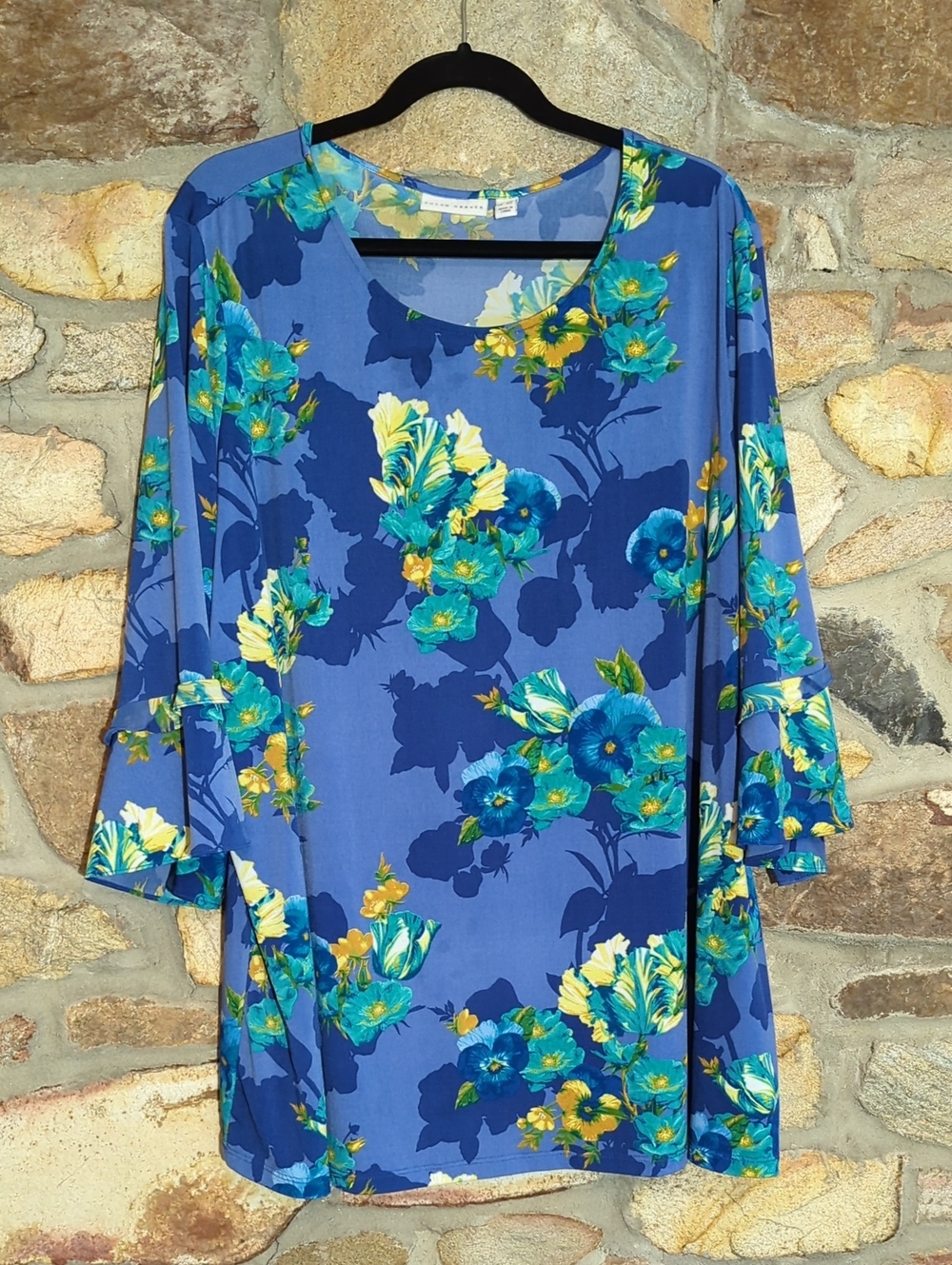 Susan Graver Blue Floral Tunic with Teal & Yellow Blooms
